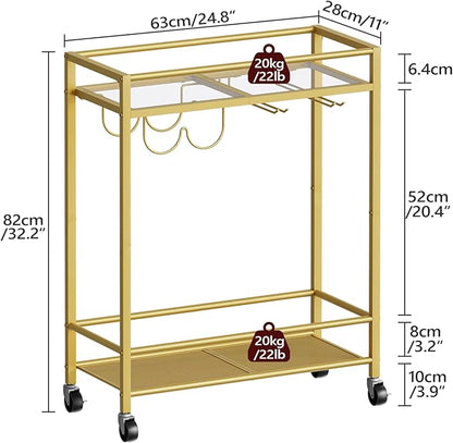 Gold Bar Cart, Beverage Cart with Wheels, Bar Cart for The Home, 2-Tier Drink Cart with Wine Rack and Glass Holder, Kitchen, Dining Room, Gold RCJ63B01Z