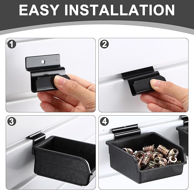 6 Pcs Slatwall Bins with Hooks Set, 4.1 x 4.1 x 1.89 Inch Slatwall Containers Wall Mounted Storage Bins for Organizing Accessories Tools Storage Office Workshop Garage Workbench (Black)