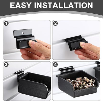 6 Pcs Slatwall Bins with Hooks Set, 4.1 x 4.1 x 1.89 Inch Slatwall Containers Wall Mounted Storage Bins for Organizing Accessories Tools Storage Office Workshop Garage Workbench (Black)