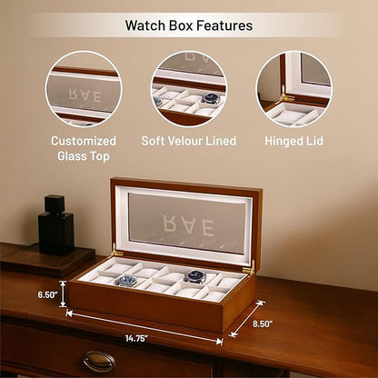 Bey-Berk Modena Personalized Cherry Wood 10-Slot Watch Box, Custom Glass-Top Solid Wood Display Case with Velour-Lined Watch Cushions, 14.75" x 8.5" x 3.5"
