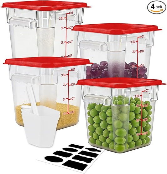WELKOR Airtight Square Food Storage Containers with Lids 4-Pack, Lock-Tight Seal for Flour, Sugar, Cereal, Keep Food Fresh, BPA-Free Stackable Kitchen Canisters with Measurements (Red, 4QT-4PACK)