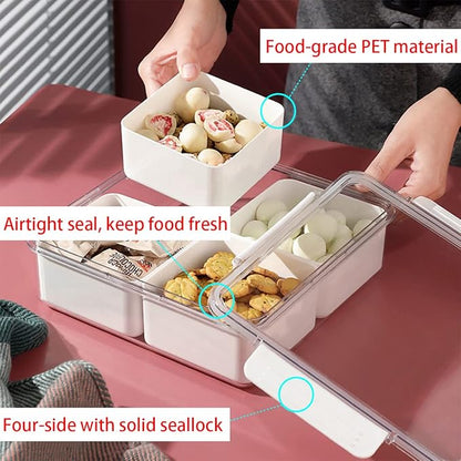 MineSign Divided Serving Tray with Lid for Veggie Charcuterie Container Portion Control Salad Keeper with 4 Removable Boxes Stackable Refrigerator Organizer Bins Food Storage Organizer Produce Saver