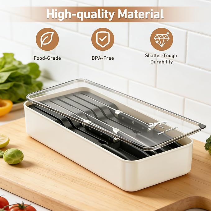 MAD SHARK 2-in-1 Detachable Knife Block & Silverware Organizer, Drawer Knife Holder for 7 Knives, BPA-Free, Blade-Safe Slots, Save Counter Space, Kitchen Drawer or Counter Storage, No Knives