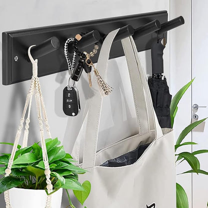 Wood Coat Rack Wall Mounted, 16'' Hole to Hole Wooden Peg Rail for Wall Hangers, 5 Pegs Bamboo Wall Hook for Hanging Towels Hats Robes Clothes Keys, White