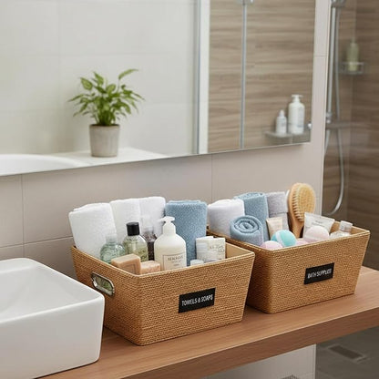 4 Pack 12 Inch Recycled Wicker Storage Basket with Labels and Handles Woven Storage Bins with Label Wicker Snack Basket Paper Rope Organizer Baskets Bins for Kitchen Office