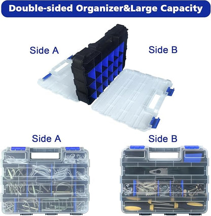 Tools Organizer Box Small Parts Storage Box 50-Compartment Double Side Hardware Organizers with Removable Plastic Dividers for Screws, Nuts, Nails, Bolts, Blue