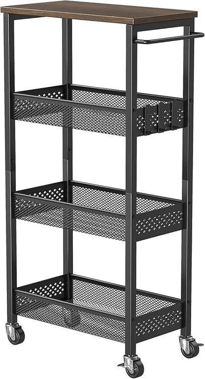 Slim Storage Cart 4 Tier Fruit and Vegetable Baskets for Kitchen Small Space, Narrow Laundry Cart on Wheels with Wooden Top and Metal Handle for Pantry, Bathroom, Laundry Room