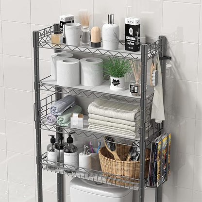 Hodonas 4-Tier Over The Toilet Storage, Adjustable Over Toilet Bathroom Organizer Rack, Freestanding Bathroom Shelves Above Toilet Storage, Sturdy Bathroom Space Saver with Basket and Shelves, Gray