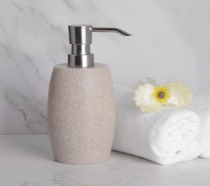Clasin Home Sandstone Textured Resin Soap Dispenser with Metallic Pump and Waterproof Bottle Labels for Bathroom Kitchen Dish Hand Wash Shower Lotion Shampoo, 12 Oz, Beige
