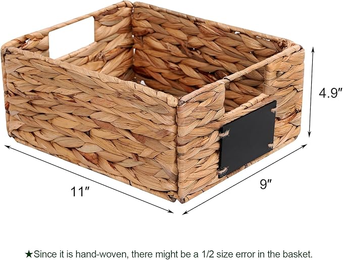 Set of 2 Water Hyacinth Storage Baskets 11x9x4.9inch Collapsible Wicker basket with Chalkboard Labels and Chalk Marker Rectangular Woven Storage Bin Organizers for Kitchen Shelves