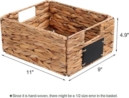 Set of 2 Water Hyacinth Storage Baskets 11x9x4.9inch Collapsible Wicker basket with Chalkboard Labels and Chalk Marker Rectangular Woven Storage Bin Organizers for Kitchen Shelves