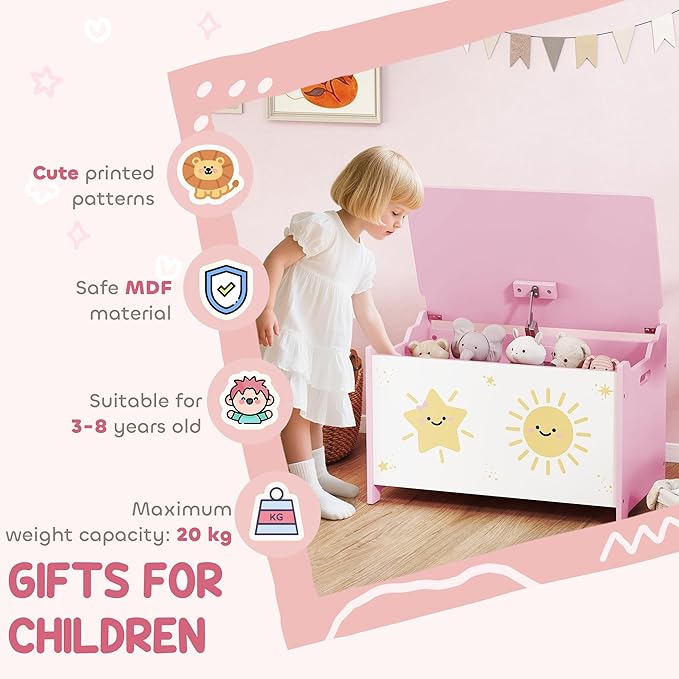 Qaba Toy Box with Lid, Toy Chest with Safety Hinges for Kids Boys Girls, Storage Organizer for Living Room, Playroom, Nursery, Bedroom, 24" L x 15" W x 15" H, Pink