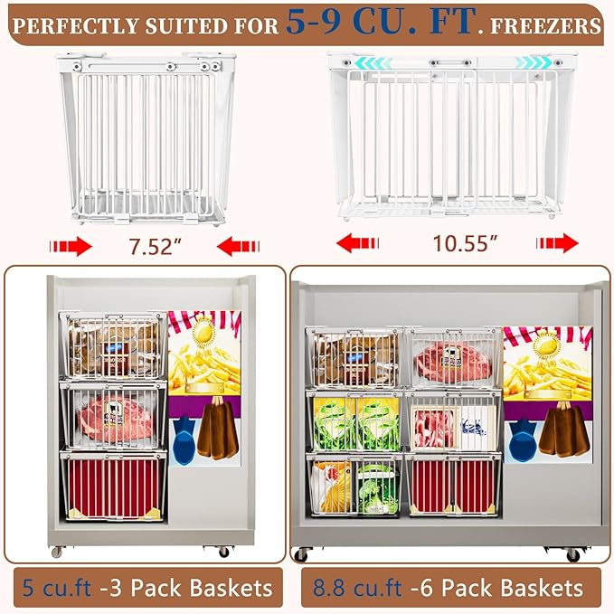 ANJUBAN Large Freezer Organizer Bins，Upgraded Bottom Leak-Proof net，Fit 5 to 9 Cu Ft Chest Freezer，5 Pack， Expandable Stackable Chest Freezer Containers with Handle (White-5P)