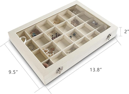 Frebeauty 24 Grid Earring Holder Organizer Tray, Jewelry Organizers and Storage for Drawer,Velvet Jewelry Display Storage for Earrings,Rings,Studs,10.5 x 6.5 x 1.2 Inches Gift for Women (Beige)