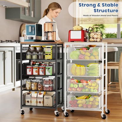 Goovilla Kitchen Cart with Drawers, 4 Tier Metal Rolling Utility Cart Organizer on Lockable Wheels with Wooden Top, White Fruit Vegetable Storage Rack Also for Cans, Snack, Craft, Art, Office, Beauty