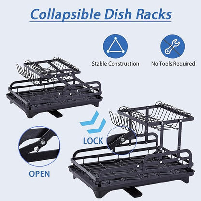HOISIMDY 2 Tier Dish Drying Rack Automatic Drainage Board Space-Saving for Kitchen Counter with Cups Holder