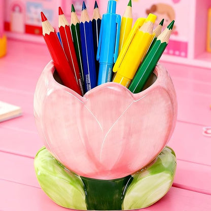 Cute Pen Holder for Desk Pink Vase Decor Aesthetic Toothbrush Holder Pencil Holder for Office Makeup Brush Holder Kawaii Desk Accessories Tulips Home Decor Birthday Gifts for Women