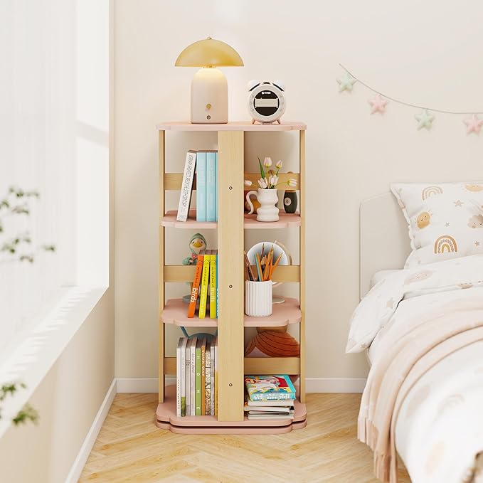 Costzon Kids Rotating Bookshelf, 360° Spinning 3-Tier Corner Bookshelf for Small Space w/12 Sectors, Floor Standing Bookcase Storage Rack, Wooden Narrow Bookcase for Kid's Room, Living Room, Daycare