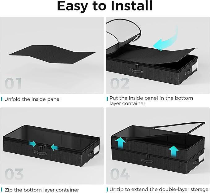 2 Pack Under Bed Storage Containers, Double Layer Underbed Storage Bins for Extensible Closed Design,Clothes Storage Bins with Sturdy Sidewalls/Bottom and PVC Clear Window for Shoes Storage Organizer
