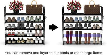 5 Tiers Metal Shoe Rack,Adjustable Shoe Shelf Storage Organizer with Hooks,Stackable Boot & Shoe Storage,for Entryway,Hallway,Closet,Black