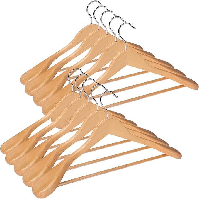 ABHENG Solid Wood Suit Hangers, 10 Pack, Coat Hangers with Non Slip Trouser Bar, 360° Swivel Hook, Heavy Duty Wide Hangers for Suit, Coat, Jacket, Trousers, Pants,17.3" W x 9" H, Dark Walnut AWY0410N