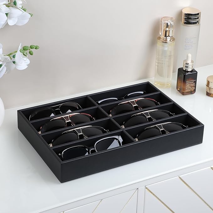 Cretkhp Sunglass Organizer Tray, PU Leather Sunglasses Organizer with 8 Grids for Drawer, Stackable Sunglass Holder Storage