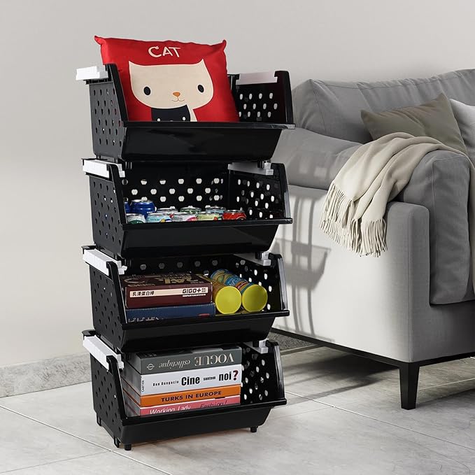 4-Pack Plastic Stacking Storage Basket, Stackable Organizer Baskets Bin, Black