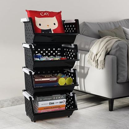 4-Pack Plastic Stacking Storage Basket, Stackable Organizer Baskets Bin, Black
