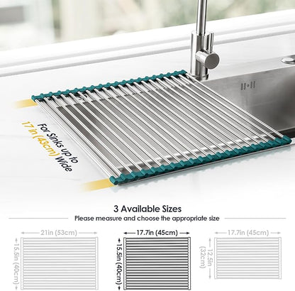 Tomorotec Stainless Steel Roll Up Dish Drying Rack, Foldable Over The Sink Rolling Drainer Rack, Multipurpose Kitchen Gadget Draining Caddy Organizer, Space Saving Sink Accessory Storage Shelf Holder