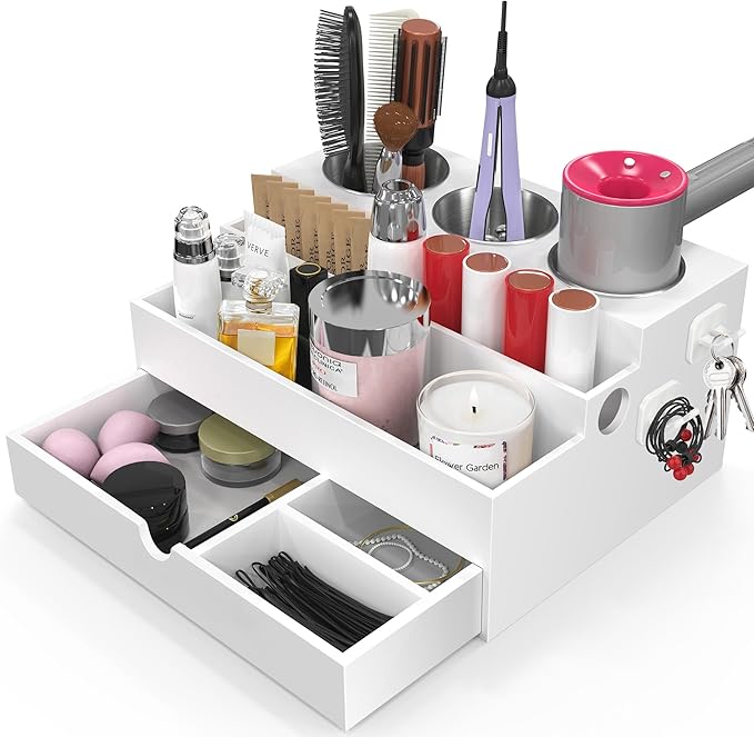 QooWare Hair Tool Organizer, Wood Hair Dryer Holder with Drawer & 3 Stainless Steel Cups, Versatile Bathroom Vanity Storage for Hair Styling Tools, Hot Tools, Brushes and Cosmetics - White