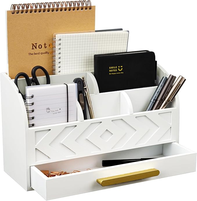 Wooden Desk Organizer Mail Organizer Countertop, Desktop Organizer Mail Sorter Mail Holder Bill Organizer for Desk, Desk Organizers and Accessories for Women (White)