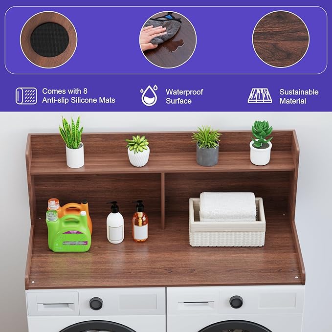 Washer Dryer Countertop with 2 Tier Shelf, 27.5" W × 54" L Laundry Wood Countertop with Edge Rails for Laundry Room Organization and Storage (Walnut)