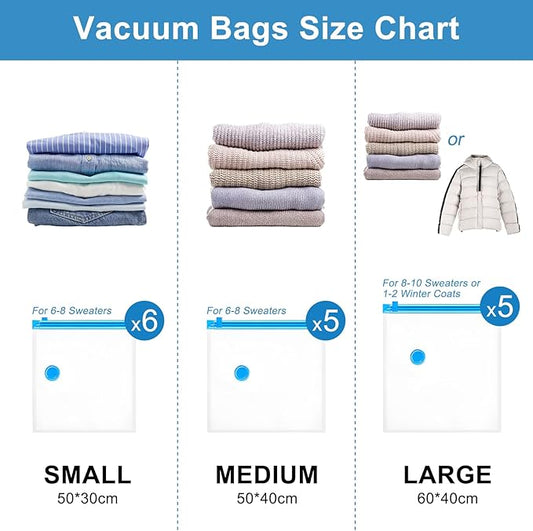 Owfeel 16 Pack Travel Vacuum Bags With Wireless Pump, Portable Compression Bags for Travel, Space Saver Vacuum Seal Bags for Clothing, Luggage, Pillows, Comforters, Reusable & Durable (16 PCS)