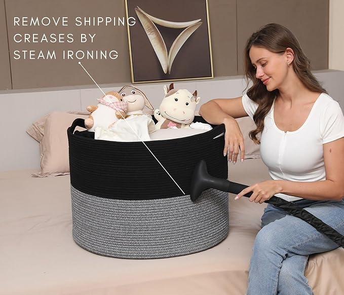 Cottonphant 24" x 24" x 17" Max Size Large Cotton Rope Basket, Extra Large Storage Basket, Woven Laundry Hamper, Cloth Storage Bin, for Blankets Clothes Towels Pillows in Living Room, Black/Grey Mix