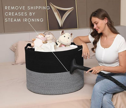 Cottonphant 24" x 24" x 17" Max Size Large Cotton Rope Basket, Extra Large Storage Basket, Woven Laundry Hamper, Cloth Storage Bin, for Blankets Clothes Towels Pillows in Living Room, Black/Grey Mix