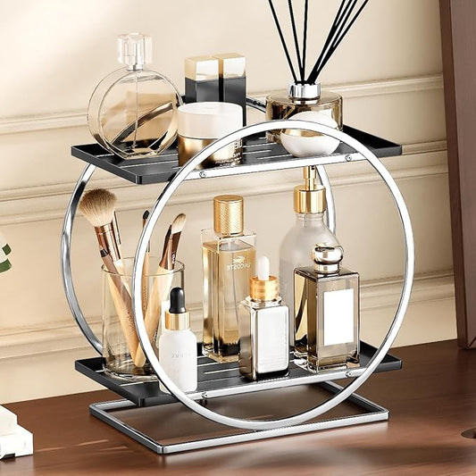 YIWANFW 2-Tier Bathroom Organizer Countertop, Silver Black Perfume Organizer for Dresser, Multi-Purpose Makeup Organizer, Large Cosmetic Skincare Organizers, Exquisite Vanity Storage, Ideal for Gift