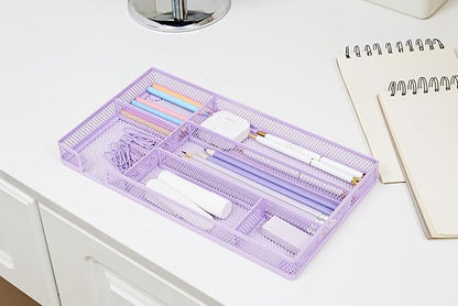 Annova Desk Drawer Organizer/Storage Tray - Metal Mesh with Dividers for Pens, Desktop Accessories, Bathroom, Kitchen, Makeup and Office Supplies (Small, Light Purple)