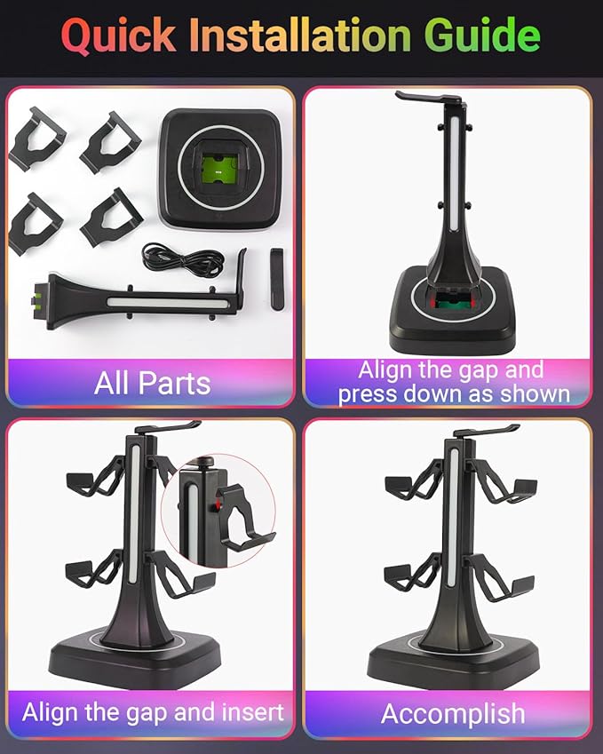 Controller Headset Stand with 10 Color Light Modes - RGB Headphone Holder for PS5, Xbox, Switch - Gaming Room Decor, Desk Organizer for Gamers