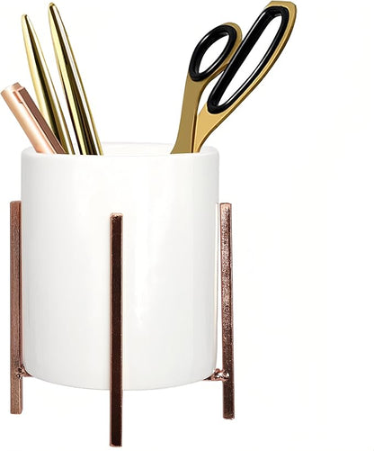 Pen Cup Holder for Ladies, Desk Pencil Holder for Women, Cute Makeup Brush Holder, Large Ceramic Cup with Rose Metal Frame, Office Desk Supplies for Women
