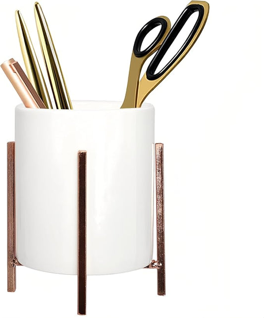 Pen Cup Holder for Ladies, Desk Pencil Holder for Women, Cute Makeup Brush Holder, Large Ceramic Cup with Rose Metal Frame, Office Desk Supplies for Women