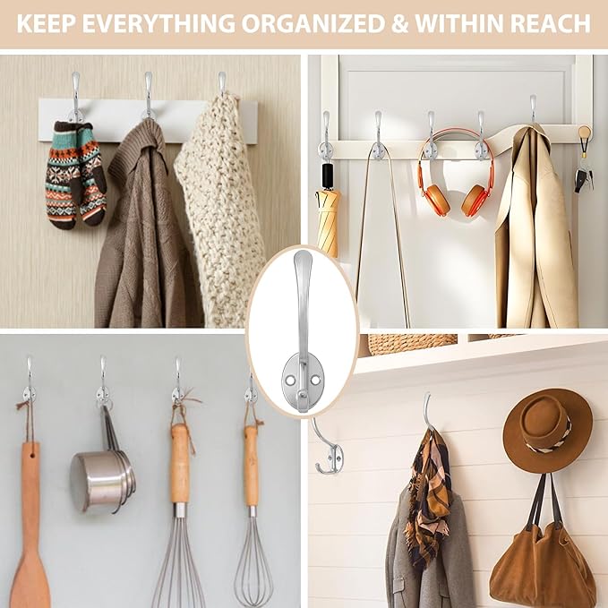 14 Pack Coat Hooks Wall Mounted with 28 Screws, Heavy Duty Silver Towel Hooks Metal Double Hooks, No Rust Retro Rustic Wall Hooks for Hanging Towel, Coat, Scarf, Bag, Hat, Cup, Key