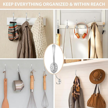 14 Pack Coat Hooks Wall Mounted with 28 Screws, Heavy Duty Silver Towel Hooks Metal Double Hooks, No Rust Retro Rustic Wall Hooks for Hanging Towel, Coat, Scarf, Bag, Hat, Cup, Key