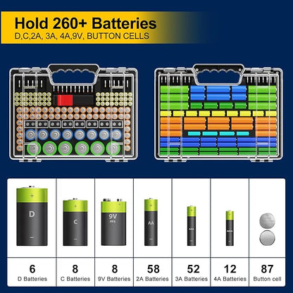 Battery Organizer Storage Holder Box Case with Tester, Stores & Protects Up to 260 Batteries, Double-Clear Locking Lid, Holds AA AAA C D and More (Not Includes Battery Pack) - Black