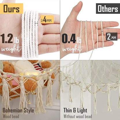 Stuffed Animal Hammock with 88LEDs, 63in Extra Large Toy Storage Macrame Hammock, Hanging Toy Net for Kids Bedroom Doll Room Corner Organizer, USB Plush Toys Net with Remote(Beige, XXL)