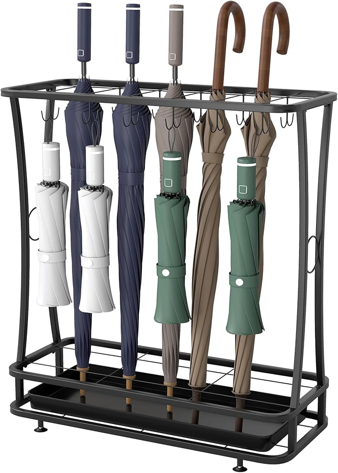 tonchean Metal Umbrella Holder Entryway with Removable Drip Tray,Umbrella Stand with 24 Hooks and 21-Slots,Umbrella Rack Storage for Indoor Outdoor Home Office Entryway(Black)