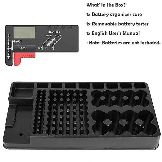 Battery Organizer Storage Case, Stores & Protects Up to 110 Batteries, Holds AAA AA C D 9V Button Cell, Compact Design with Lid for Home & Garage, with Battery Tester (Holds 110 Batteries)