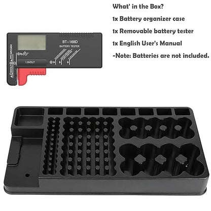 Battery Organizer Storage Case, Stores & Protects Up to 110 Batteries, Holds AAA AA C D 9V Button Cell, Compact Design with Lid for Home & Garage, with Battery Tester (Holds 110 Batteries)