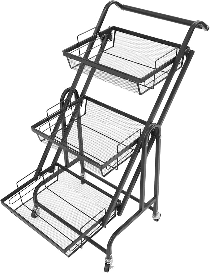 3 Tier Adjustable Storage Carts, Movable Utility Cart, Metal Rolling Cart, Multi-Functional Storage Trolley w/Wheels, Storage Shelves for Kitchen/Bathroom/Bedroom/Office (Black)