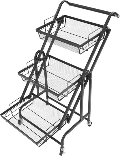 3 Tier Adjustable Storage Carts, Movable Utility Cart, Metal Rolling Cart, Multi-Functional Storage Trolley w/Wheels, Storage Shelves for Kitchen/Bathroom/Bedroom/Office (Black)