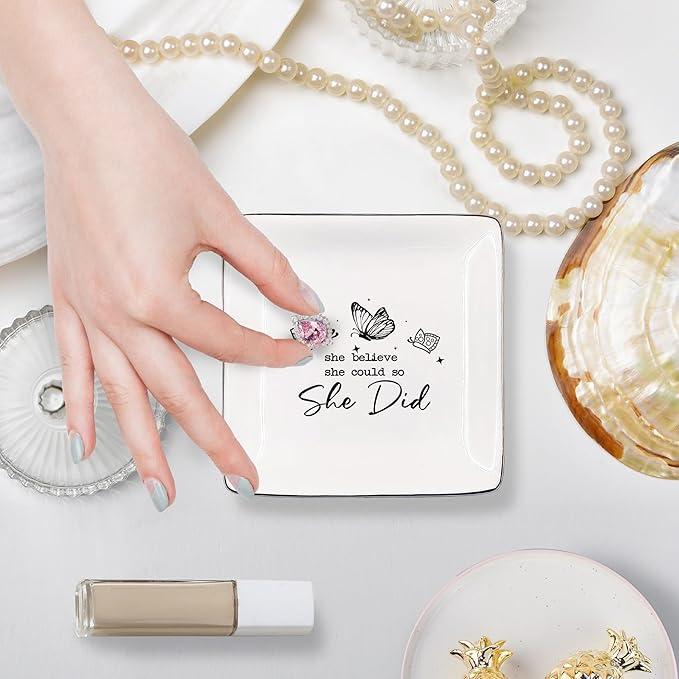 JRTW College Graduation Gifts Jewelry Tray, Inspirational Congratulations Gifts Ceramic Jewelry Dish Tray for Rings & Earring for Women, She Believed She Could So Did Ring Trinket Dish for Women